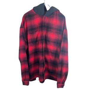 Urban Outfitters Men's Large Plaid Black and Red Flannel Hoodie